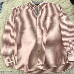 Nautica Men's Striped Button Down Shirt - Red and White